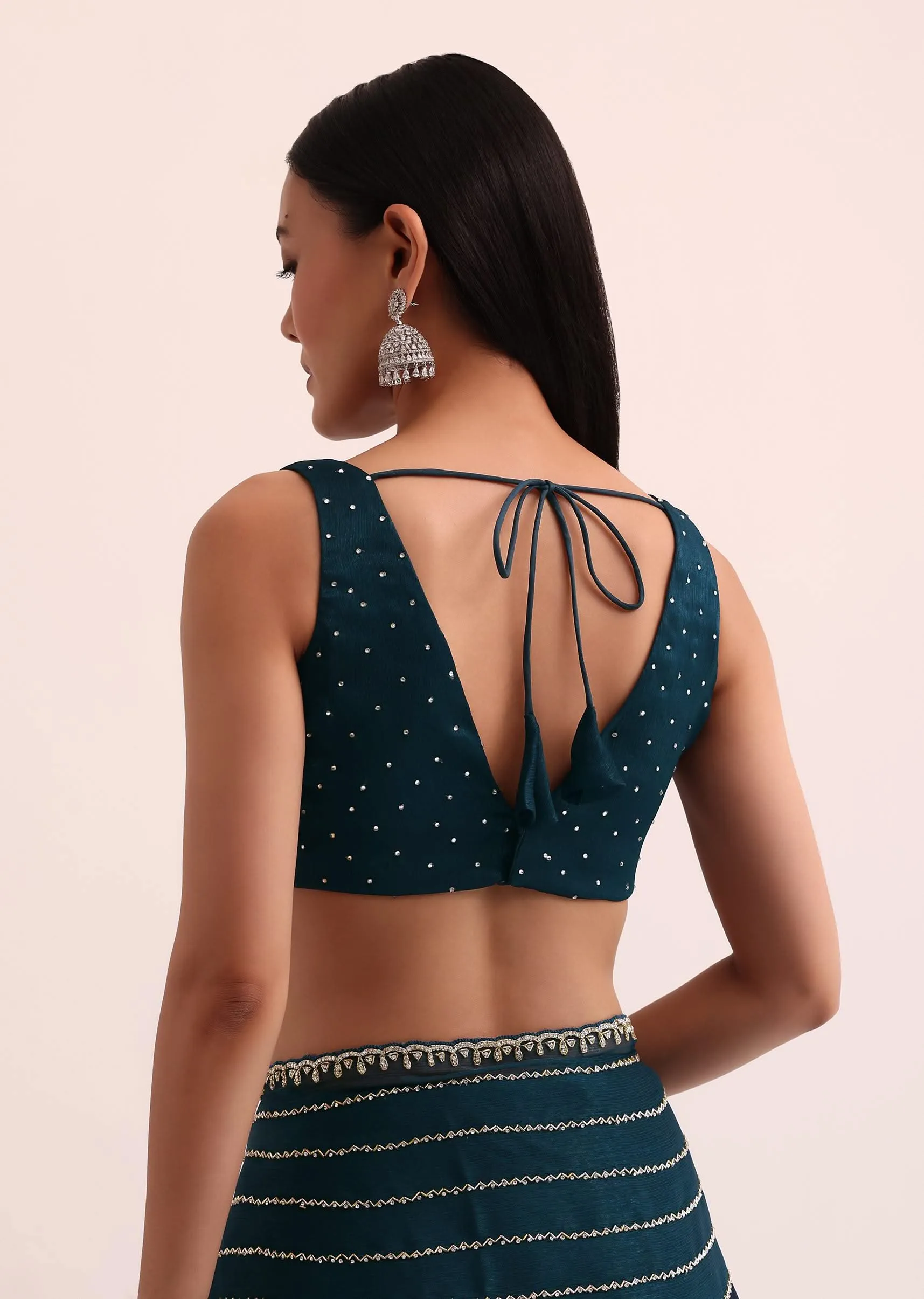 Navy Blue Tissue Saree With Cut Dana Embroidery And Unstitched Blouse