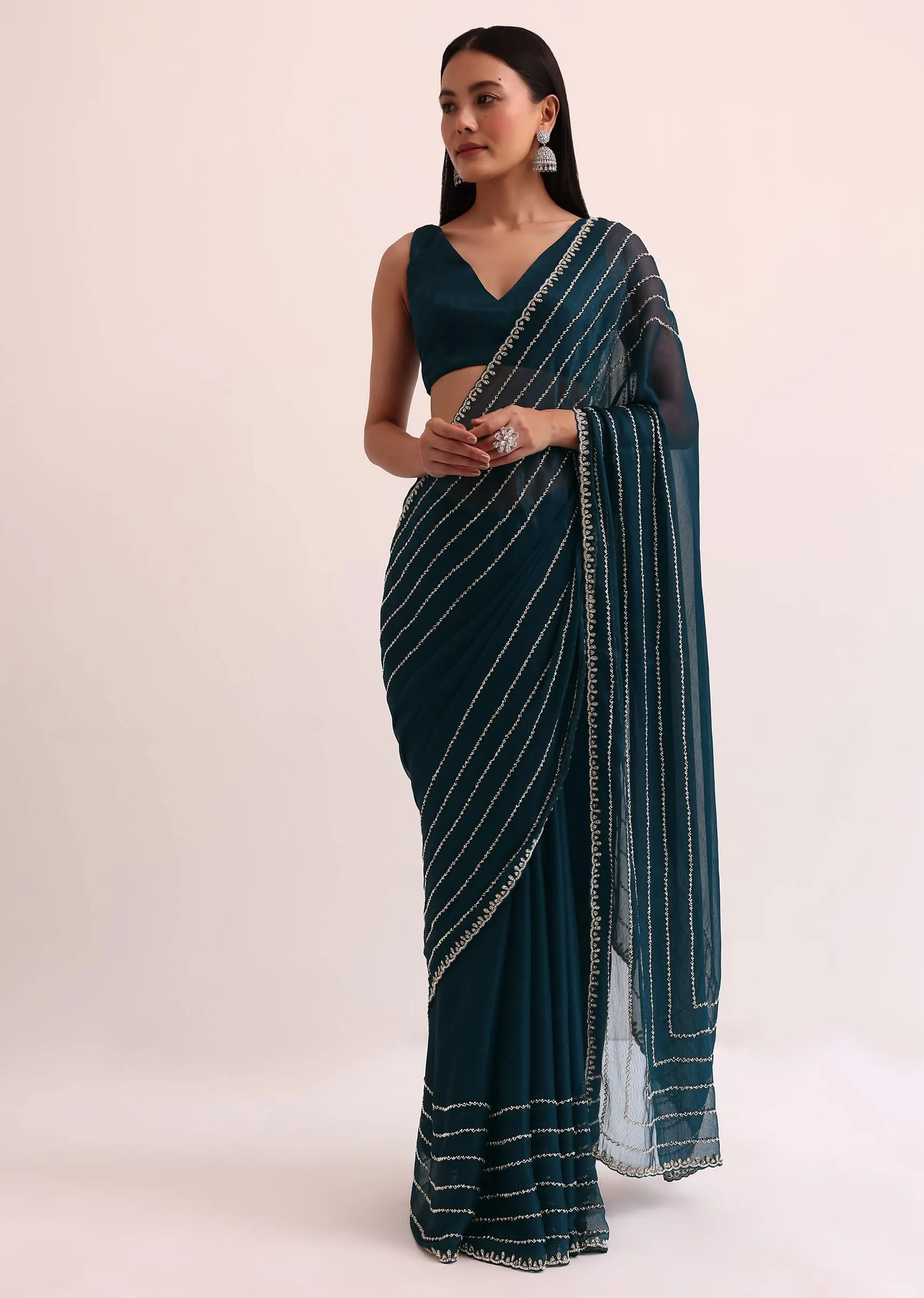 Navy Blue Tissue Saree With Cut Dana Embroidery And Unstitched Blouse