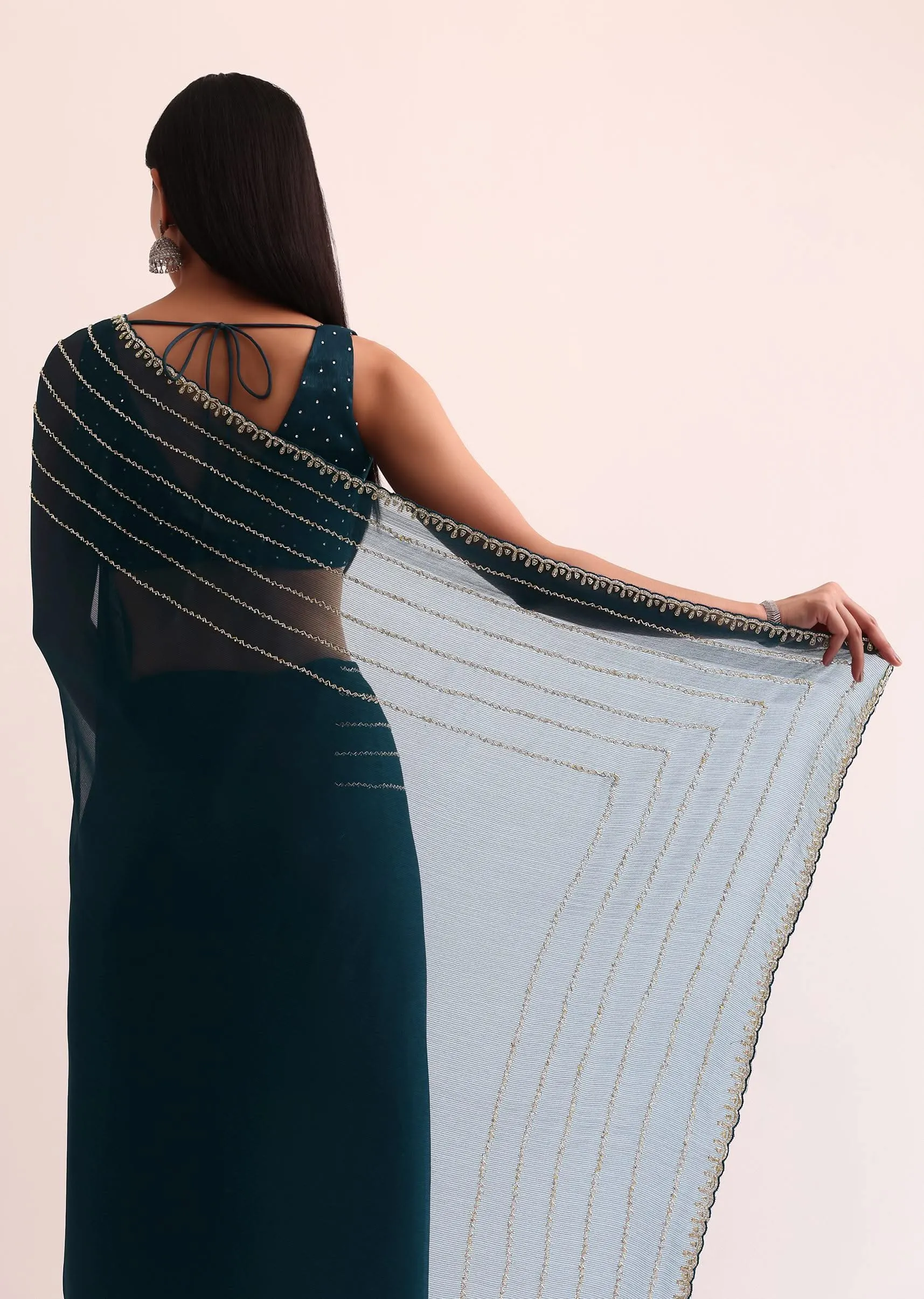 Navy Blue Tissue Saree With Cut Dana Embroidery And Unstitched Blouse