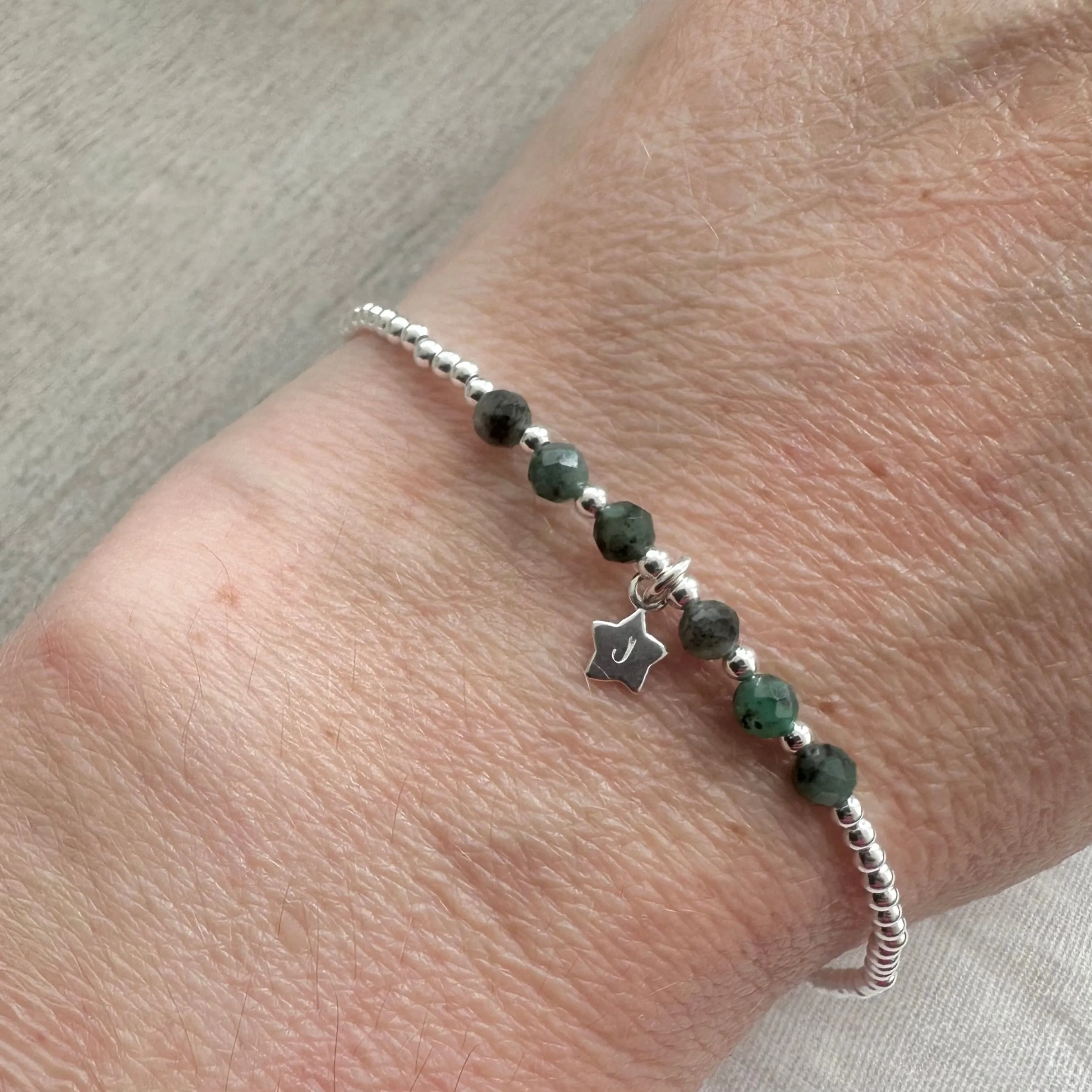 Personalised Emerald May Birthstone Bracelet with star charm, Dainty Jewellery in Sterling Silver