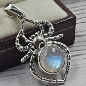 Round Rainbow Moonstone Spider Necklace Pendant Sterling Silver Southwestern