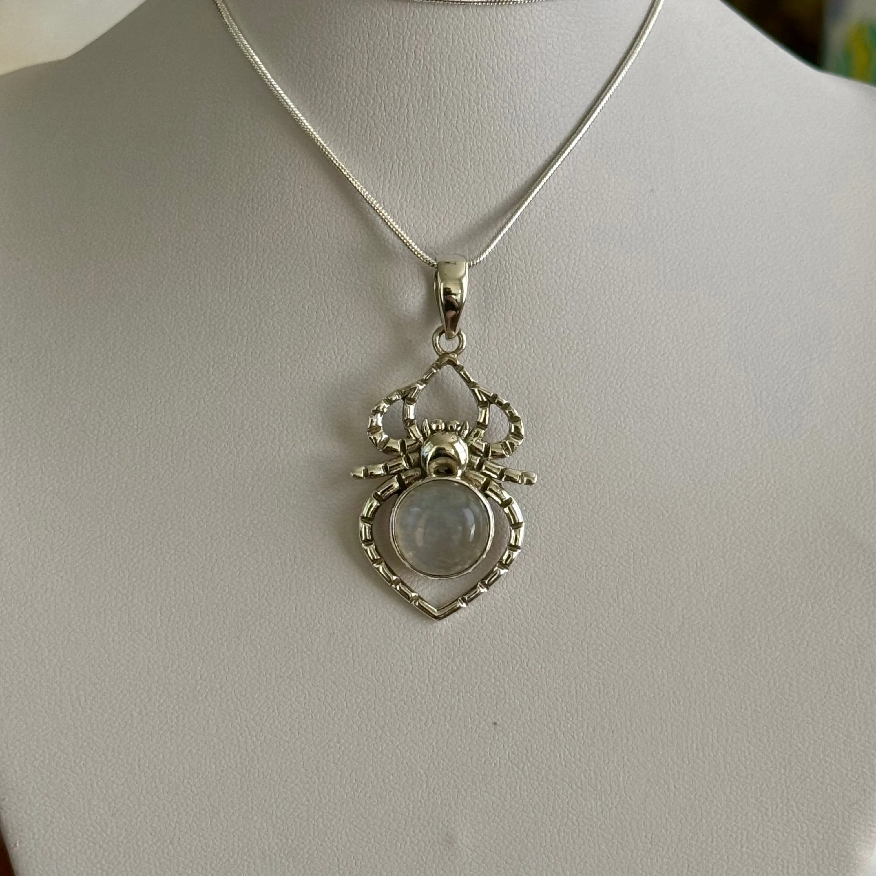 Round Rainbow Moonstone Spider Necklace Pendant Sterling Silver Southwestern