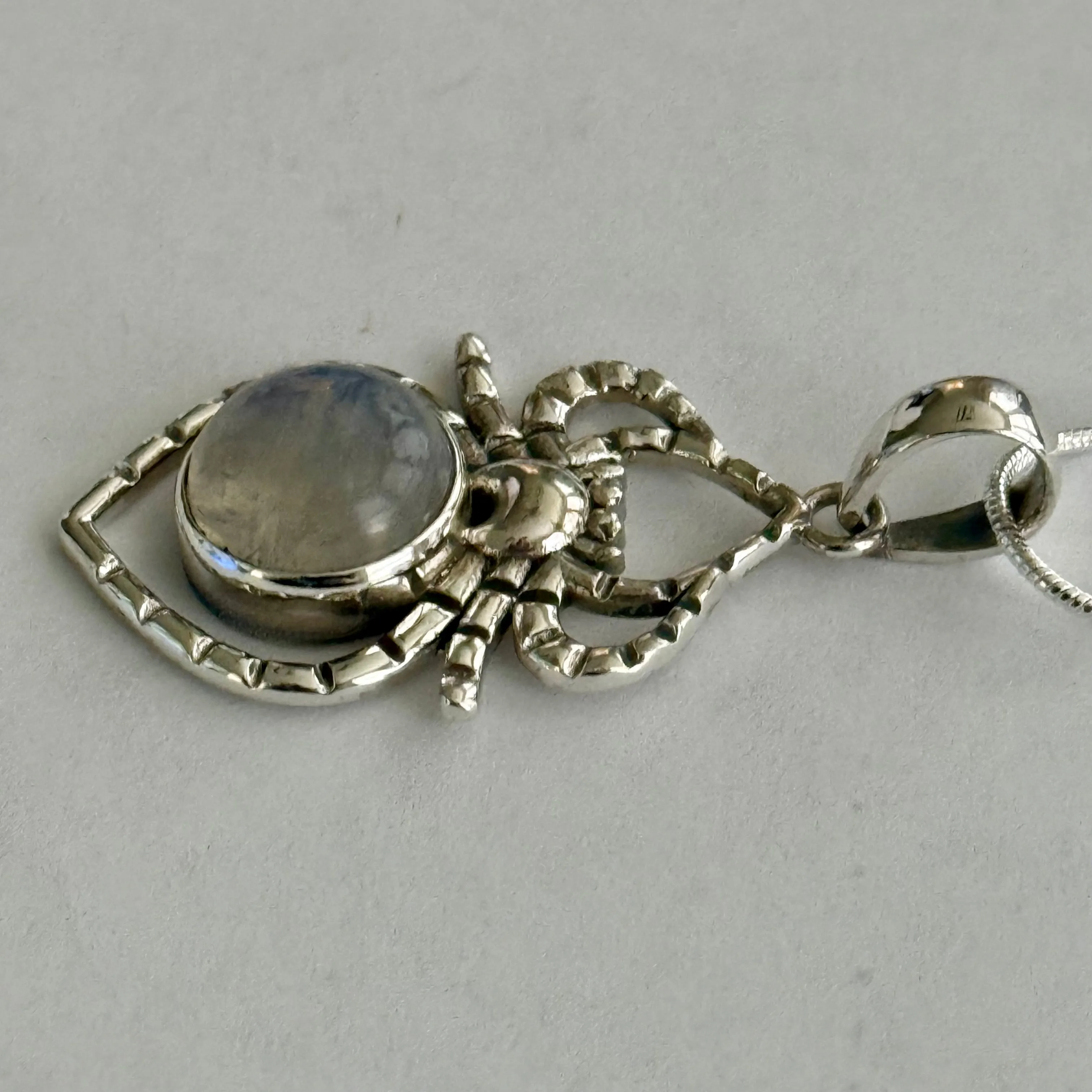 Round Rainbow Moonstone Spider Necklace Pendant Sterling Silver Southwestern
