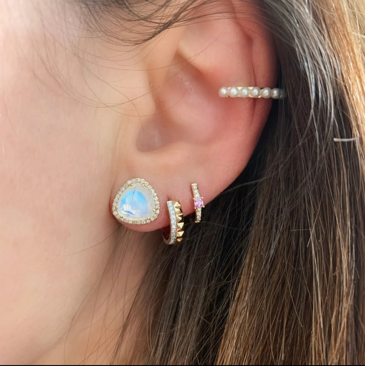 Soft Trillion Moonstone with Diamond Halo Stud Earrings