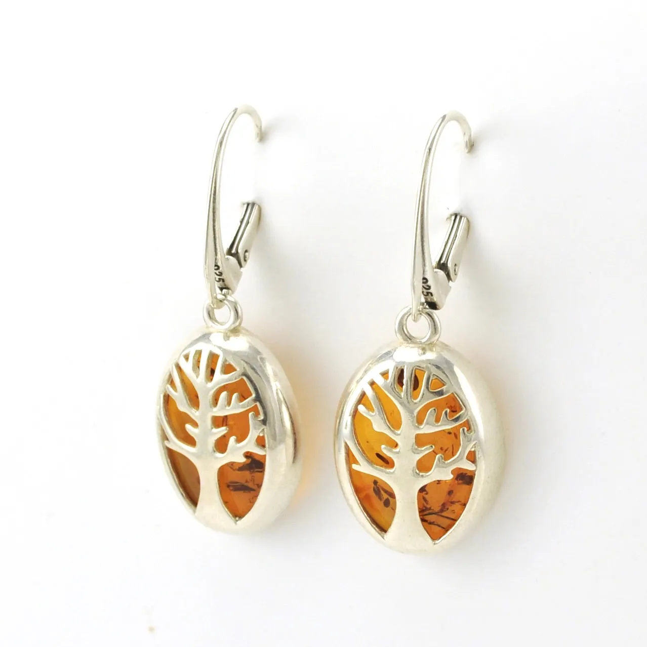 Sterling Silver Amber Oval Tree Earrings