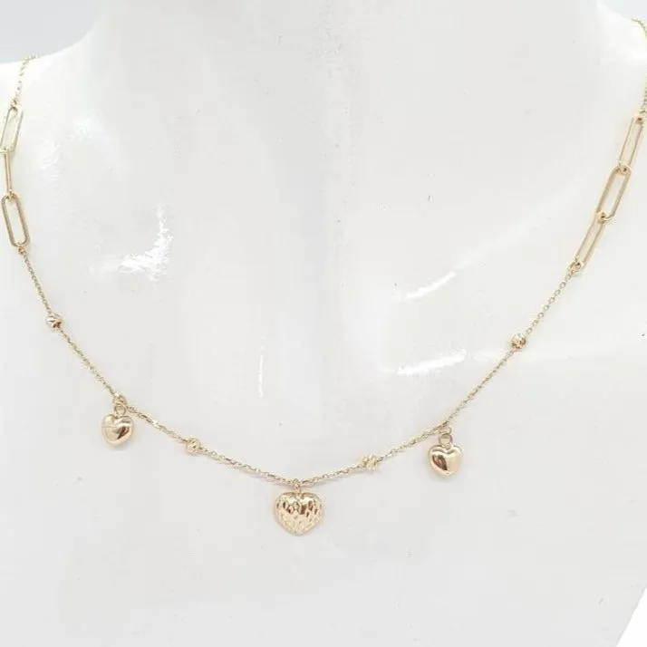 Three Heart Station Necklace 18K Gold