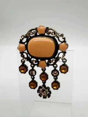 Vintage Coral Colored Enamel and Rhinestone Drop Brooch
